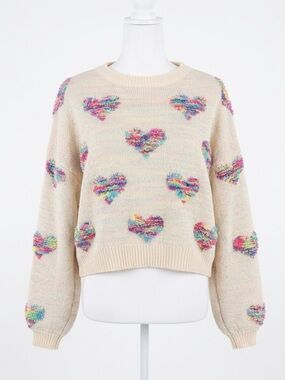 Boutique Cream Multicolor Rainbow Fuzzy Heart Cropped Knit Sweater - Size Small